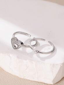 2pcs/Set Adjustable Unique Heart-Shaped Lock Ring For Women - Silver - View 5