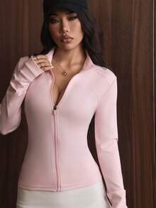 FWH Comfortable UV Protection Essential Versatile Slimming Fitness Running Zippered Stretchy Figure-Hugging Panelled Sexy Zip-Front Daily Slimming Commute Dating Must-Have Casual Long-Sleeve Lifestyle Yoga Jacket - Pink - View 7