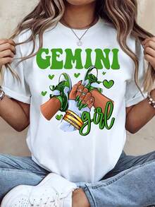 Women Round Neck T Shirt Gemini Girl With Green Sneakers And Hearts Print Short Sleeve Casual Summer Top For Everyday Wear - 白色 - 查看 1