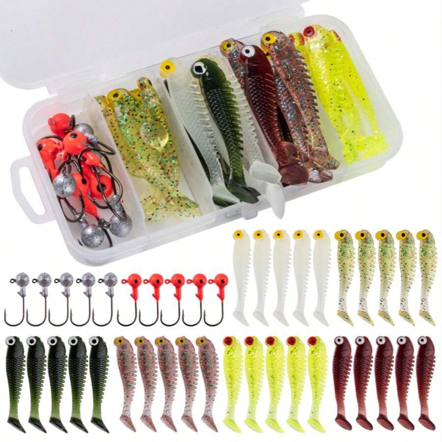 40pcs/Box Soft Fishing Lure Set, Silicone Lure, Artificial Bait Worm With Crank Lead Head Hook, Fishing Accessories - Multicolor - View 1