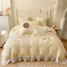 Lovely Bow Chic Duvet Cover Set - Ruffle Lace Polyester Comforter Cover - French Princess Style Bedding - 2 Piece Twin Duvet Cover With Zipper Close - No Comforter - White, Twin Size, Bedroom Decor - 黃色 - 查看 11