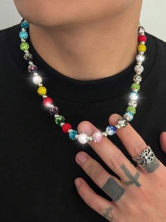 1pc Glamorous Colorful Crystal Beaded Necklace, Men's Charming Choker Chain, Suitable For Daily Wear And Parties, Unisex, Holiday Gift