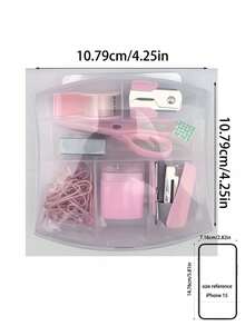 8件套便携迷你办公学习文具套装，包含打孔器、订书机、胶带座、小胶带、笔筒、剪刀和500枚10号订书钉，迷你办公用品，桌面回形针收纳盒（带2个笔袋），返校必备，学习用品