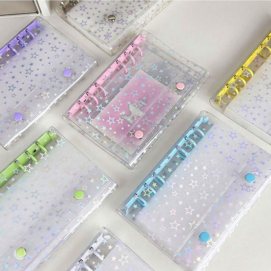 1pc Colorful Star Transparent Loose Leaf Notebook, Scratch-Resistant, Holographic High Transparency Material, Suitable For Scrapbooking, Photo Album, Notebook, Savings Planner, Student Back To School Planner, Minimalist Semi-Transparent Card Album, 3D Embossed Sticker Storage Album, Sticker Album, Planner Material Collection Album, PP Material, Kpop Photo Card Storage Album, High Capacity Card Album, A6 Side-Opening Card Album, Suitable For Postcard, Photo, Card, Sticker, Bill, Note, Back To School Supplies, Office Documents And Receipt Storage - Planner - View 1
