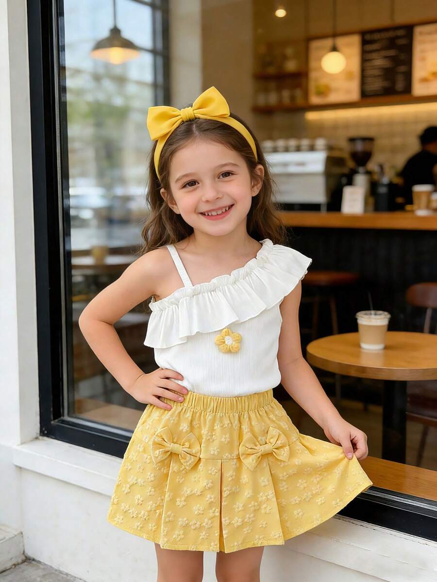 Girls Summer White & Yellow 2-Piece Set: Ruffle Trim Asymmetric Shoulder Floral Top + Bowknot Jacquard Skirt, Sweet Princess Style Children Casual Outfit - Yellow - View 1