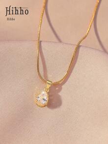 Hihho 1pc Minimalist Fashion Single Zirconia Pendant Necklace, Stainless Steel Snake Chain Gold-Tone Delicate Necklace For Women - Yellow Gold - View 6