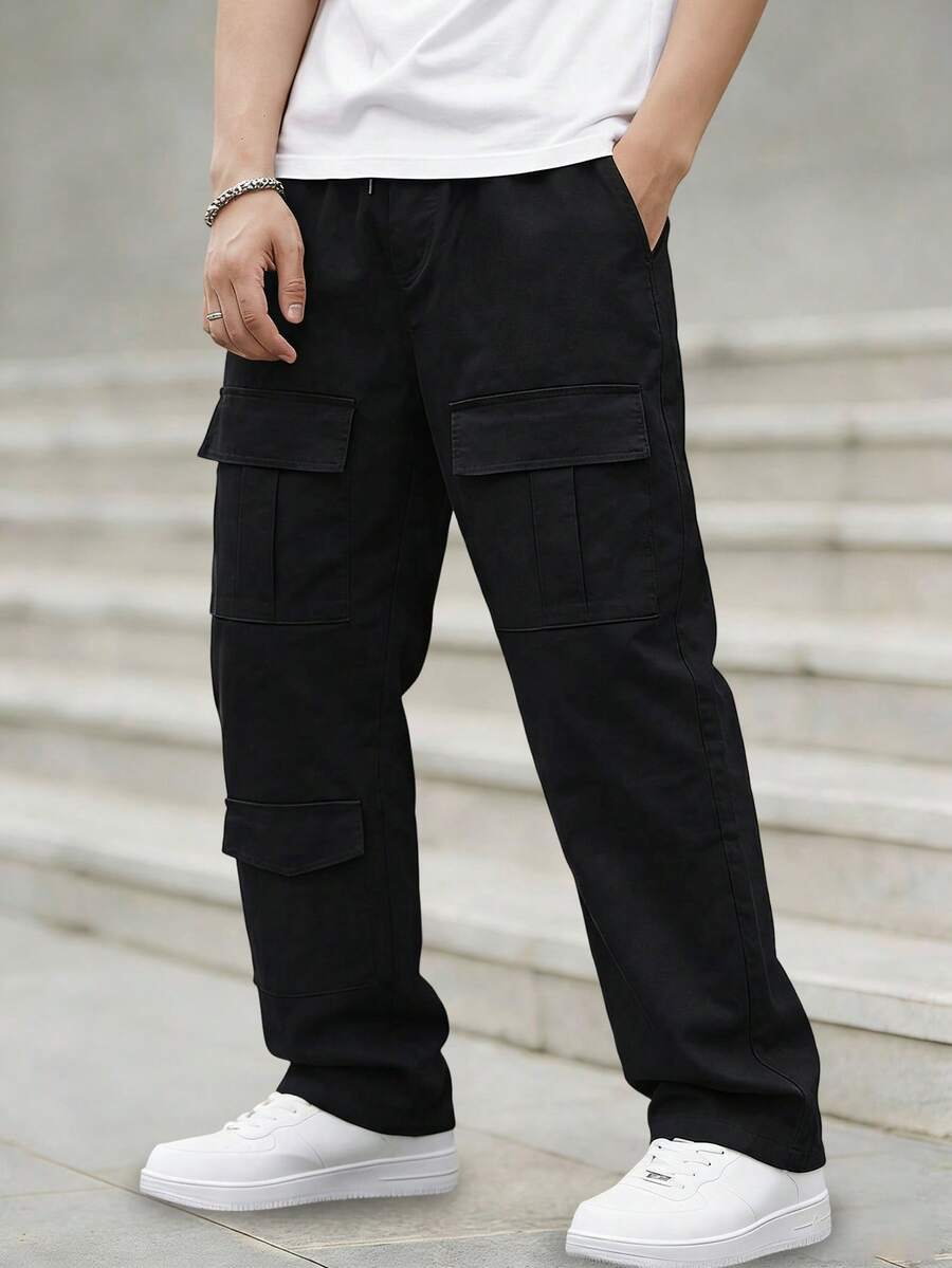 1 pieza Pantalones cargo informales con bolsillo grande de estilo hip hop para niños preadolescentes - Negro - Ver 1