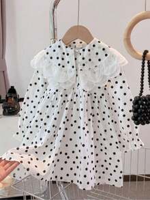 女童荷叶边彼得潘领波尔卡圆点印花长袖休闲连衣裙，适合日常穿着、度假、旅行、郊游、上学、秋季 - 白色 - 查看 1