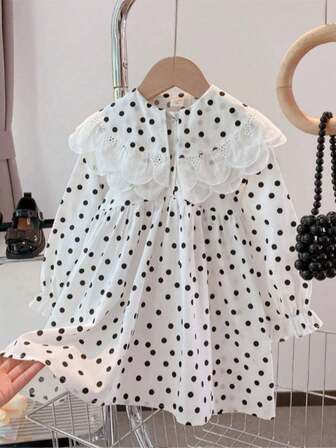 Girls Ruffle Peter Pan Collar Polka Dot Print Long Sleeve Casual Dress, Suitable For Daily Wear, Vacation, Travel, Outing, School, Autumn