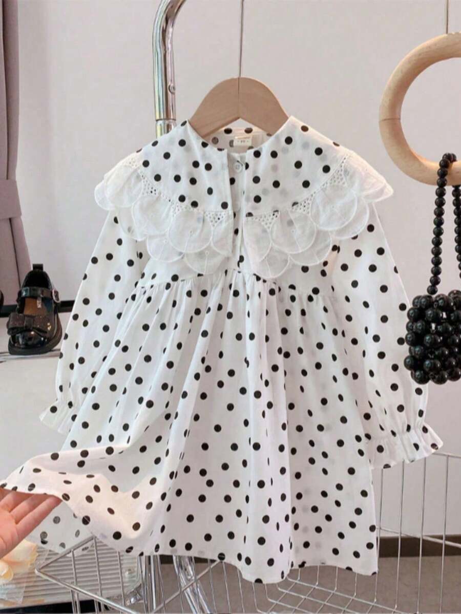 女童荷叶边彼得潘领波尔卡圆点印花长袖休闲连衣裙，适合日常穿着、度假、旅行、郊游、上学、秋季 - 白色 - 查看 1