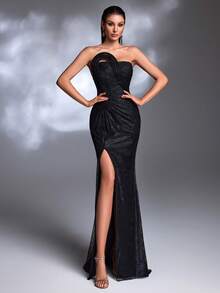 A Black Lace Ruched One-Shoulder Circular Design High-Slit Lace-Up Mermaid Train Elegant Evening Gown - Black - View 3