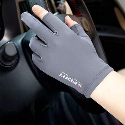 1 par de guantes grises/negros/azul marino, guantes deportivos elegantes de seda de hielo con puntas abiertas de dos dedos, con palma texturizada antideslizante, guantes transpirables y protectores solares antideslizantes para conducir, pescar, ciclismo y actividades al aire libre en verano