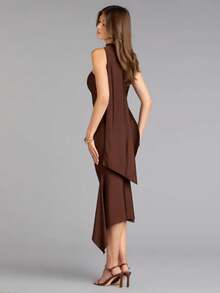 HOMEYEE Đầm nữ màu trơn thanh lịch dáng lửng bất đối xứng, đầm dự tiệc cocktail gợi cảm, đầm cưới mùa xuân - Rỉ Nâu - Xem 3