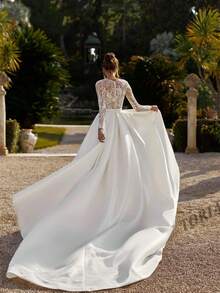 Elegant Classic Lace Applique Long Sleeves A Line Satin Formal Wedding Dress,Registry Office Dresses Engagement Bridal Gown,Evening Party Dress Birthday Party Dress Country Wedding,Romantic Church Ceremony Wedding Dress,Suitable For Wedding,Dating,Party,Singles' Party,Vacation,Formal Occasions,Dinner Dress,Prom Dress,Homecoming Dess,Cocktail Party,Wedding Guest Dress,Graduation - 白色 - 查看 2
