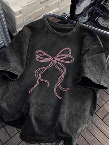 T-shirt décontracté à manches courtes pour femmes, style foi douce, col rond, fond noir délavé, nœud en fil rose, verset biblique de l'amour, pour le printemps et l'été, hauts pour femmes, graphique, voyage quotidien, tenues de la Saint-Valentin pour femmes, Saint-Valentin - Noir - Voir 6