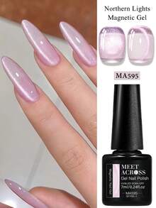 MEET ACROSS 1 Bottle 7ml Pink Aurora Water Gloss Cat Eye Gel Nail Polish, Aurora Glitter Crystal Magnetic Semi-Permanent Removable UV LED Nail Polish, Nail Art DIY, Home And Nail Salon Supplies - 粉色 - 查看 1