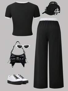Outfits For Girls - Black Short-Sleeve Top & Wide-Leg Pants Set With White Bow Print, Kpop Inspired Kids Clothes Girls, Perfect Teen Girl Gifts - màu đen - Xem 2