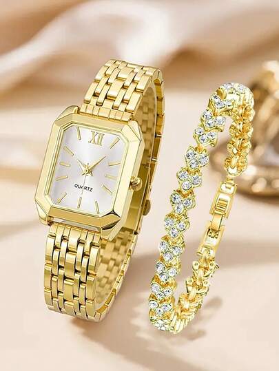 Luxuriöses Mode-Teenager-Uhr- & Armband-Set, goldfarbenes Band, elegantes Zifferblatt-Design, Quarzuhr und goldfarbenes, mit Herzen verziertes Armband-Set, quadratisches Gehäuse, Paar-Armbanduhr, perfektes Geburtstagsgeschenk für sie, geeignet für den Alltag, Partys, Schulanfang, Valentinstag