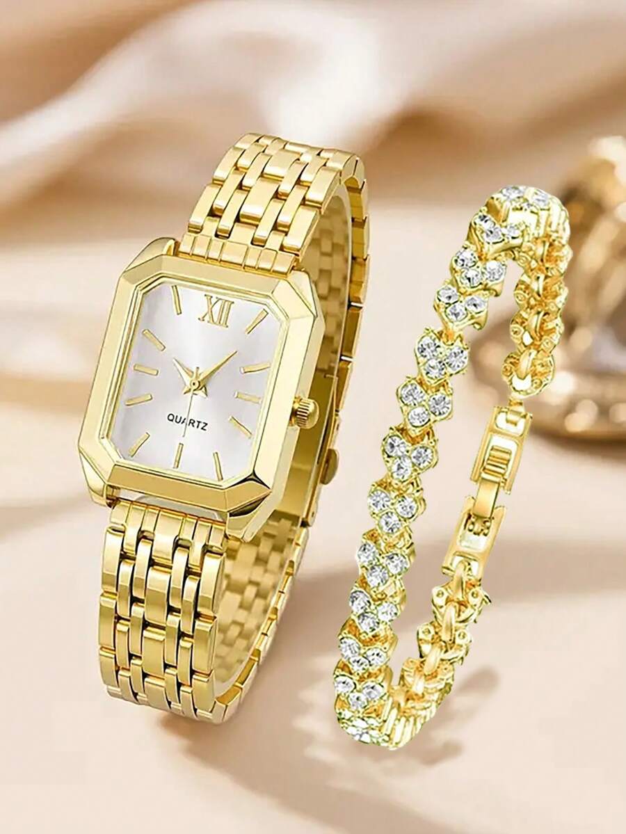 奢华时尚青少年腕表手链套装，金色表带，优雅表盘设计，石英腕表搭配金色心形装饰手链，方形表壳，情侣腕表，送给她的最佳生日礼物，适合日常佩戴、派对、返校季、情人节等场合。 - 金色 - 查看 1