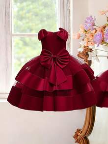 女童无袖网纱缎面蝴蝶结露背优雅派对礼服，适合花童、婚礼、宴会等场合，不含头饰