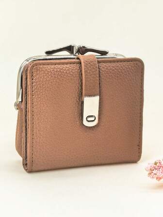 Women's Short Solid Brown Soft PU Snap Closure Multifunctional Coin Purse Card Holder Wallet, Minimalist Lightweight Compact Elegant, Suitable For Holiday Gifts