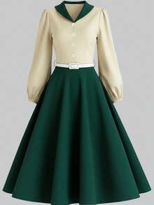 Đầm midi dài tay cổ bẻ phối màu thanh lịch dành cho nữ, thiết kế cài cúc phía trước, tay dài kèm thắt lưng. - Nhiều màu - Xem 5