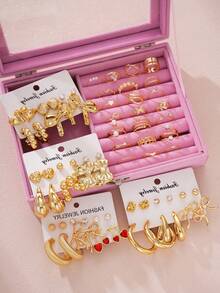 68/46/22pcs Cute Minimalist Metal Bow, Red Rhinestone, Heart, Geometric Waterdrop, C-Shape Earring Set, Faux Pearl Ring Set, Suitable For Women, Vacation, Date, Valentine's Day Gift, Daily Wear - Yellow Gold - View 9