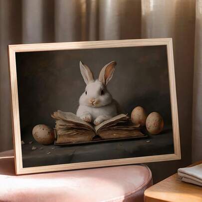 1PC Easter Bunny Reading Antique Book,Easter Eggs Print,Vintage Rabbit Art Print,Neutral Spring Wall Art,Rustic Library Home Wall Decor,Canvas Art Wall, Room Posters, Home Decoration, Room Decoration Items, Bedroom, Kitchen, Living Room, Corridor Decoration, Optional Frames