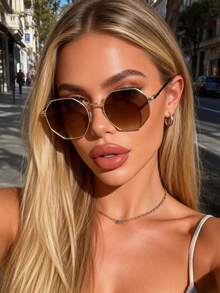 1副女士金属几何框时尚复古太阳镜 - 适合街头摄影、海滩度假休闲及日常穿搭 | 时尚配饰 - 1pc 金框雙茶片 - 查看 5