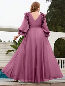 Đầm voan mỏng nhẹ, tay phồng, cổ chữ V, xếp ly, thắt eo, chất liệu chiffon mềm mại, thanh lịch, thích hợp cho đám cưới, tiệc mùa xuân. - Bụi hồng - Xem 2