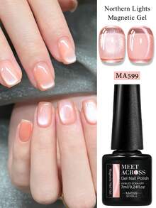 MEET ACROSS 1 Bottle 7ml Pink Aurora Water Glow Cat Eye Gel Nail Polish, Aurora Glitter Crystal Magnetic Semi-Permanent Removable UV LED Nail Polish, Nail Art DIY, Home And Nail Salon Supplies - 粉色 - 查看 1