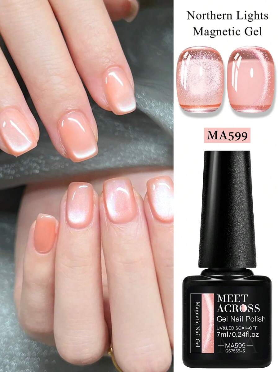 MEET ACROSS 1 Bottle 7ml Pink Aurora Water Glow Cat Eye Gel Nail Polish, Aurora Glitter Crystal Magnetic Semi-Permanent Removable UV LED Nail Polish, Nail Art DIY, Home And Nail Salon Supplies - 粉色 - 查看 1