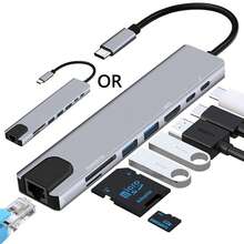 8合1端口扩展集线器，USB Type-C接口，可转换为4K兼容的RJ45接口，支持SD和TF卡读卡器，USB 3.0 PD 87W适配器分线器，适用于笔记本电脑、台式机、Pro、Air、安卓手机等，方便携带，适合办公或商务旅行。