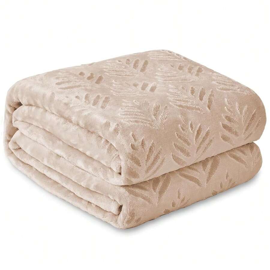 Exclusivo Mezcla FQueen Size Fleece Blanket For Bed, Super Soft And Cozy Blankets All Season Use, Leaves Pattern, Pl 11ush Fuzzy Lightweight, Camel, 90x90 Inch - 駝色 - 查看 1