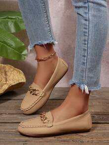 2026Women's Spring New ArrivalTrendsGold Chain Elegant Slip-On Loafers,Lightweight, Comfortable, VersatileRubber Flat Shoes - Camel - View 6