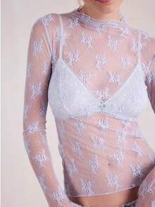 Women's Sheer Lace Mesh Top, Fashionable Slim Fit Long Sleeve Faux Collar Floral Blouse, Casual Outing T-Shirt - 薰衣草 - 查看 1