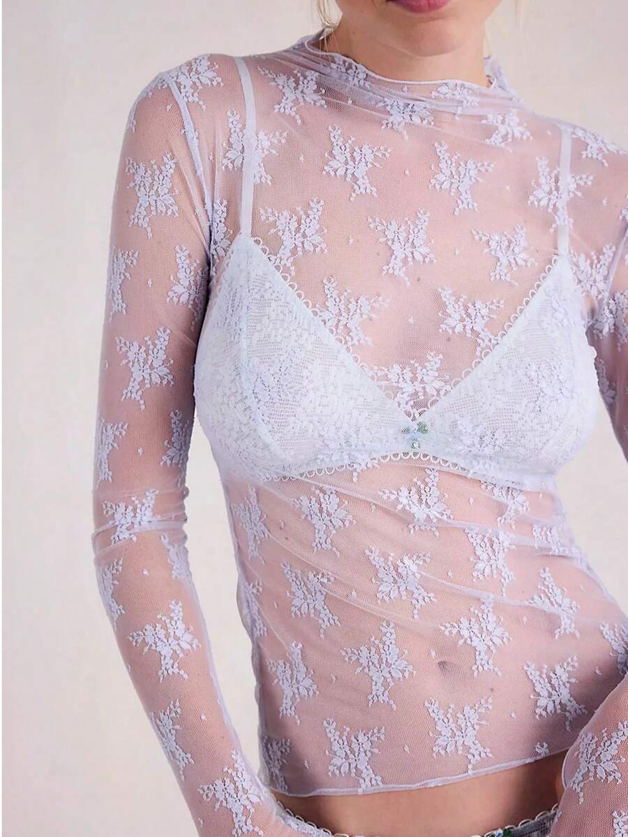 Women's Sheer Lace Mesh Top, Fashionable Slim Fit Long Sleeve Faux Collar Floral Blouse, Casual Outing T-Shirt - 薰衣草 - 查看 1