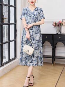 FANMUER New Fashionable All-Over Print Casual Bohemian Pocket Elegant Women Dress - Blue - View 5