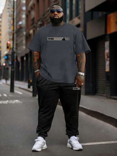 2件套加大码男士休闲希望之树图案短袖T恤和裤子套装，适合街头、户外和日常穿着