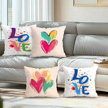 4 fundas de almohada con tema de graffiti en forma de corazón, estampadas por un solo lado, adecuadas para la decoración del hogar en sala de estar y dormitorio, para todo el año - No incluye relleno de almohada - Multicolor - Ver 9