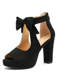 Women's Bow Chunky Heel Sandals Platform Peep Toe Ankle Strap Zip Dress Shoes - màu đen - Xem 10