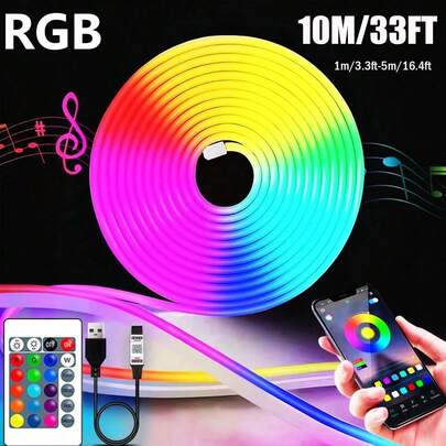 RGB Neon Light Strip, 5V Wireless Music Sync LED Neon Lights, Suitable For Christmas, Home Decor Ambient Lighting, Party Decoration, Kitchen Atmosphere, TV Backlight, Live Streaming Makeup Mirror, Bathroom Mirror Lighting