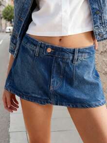 Women Low Rise Denim Skirt  Solid A-Line Mini Jean Skirts For Daily Office Party - Dark Blue - View 5