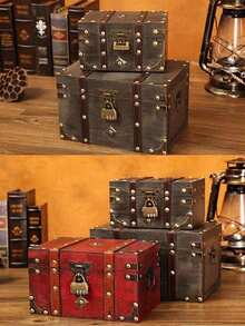 1pc Vintage European Style Wooden Square Jewelry Box, Storage Container With Password Lock, Craft Prop Box