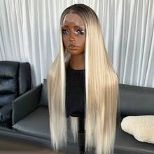 13x6 Synthetic Lace Front Wig, 28 Inch Long Straight Hair, No Glue Needed, Durable Synthetic Fiber, Free Parting, 150% Density, High Definition Transparent, Wear And Go, Heat Resistant Fiber, Suitable For Women's Daily, Party, Vacation And Other Occasions. - Blonde Ombre - View 12