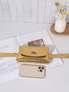 Mini Diamond Embossed Buckle Leather Waist Bag - Gold - View 6