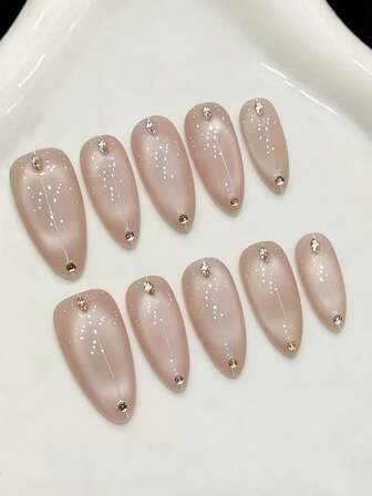 10 st mandelfärgade handgjorda press-on-naglar för fest och vardagsbruk, rosa naglar, breda kattögon, lätta att bära. 10 st Y2K-handgjorda press-on-naglar, lämpliga för tjejer och kvinnor, festivaler, fester och vardagsbruk.