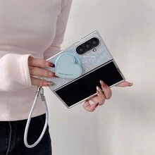 1pc Silver Shell Leather Denim Magnetic Adsorption Case With Heart & Rabbit Stand Wrist Strap Lanyard, Suitable For Samsung Galaxy Z Fold7/Z Fold6/Z Fold5/Z Fold4 Foldable Phone Protective Cover, Women - Multicolor - View 8