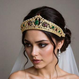 1pc Elegant & Luxurious Women's Wedding Crown, Moroccan/Algerian Style Headpiece With Hollow Floral Pattern, Colorful Resin Accents, Suitable For Weddings, Performances, Pageant Crowns