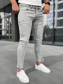Men's Stretch Skinny Casual Washed Black & Grey Ripped Slim Fit Pants - Grey - View 3
